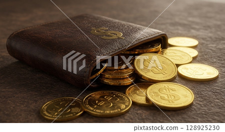 Brown leather wallet stuffed with golden dollar coins, symbolizing wealth and abundance. Brown leather wallet stuffed with golden dollar coins, symbolizing wealth and abundance. 128925230