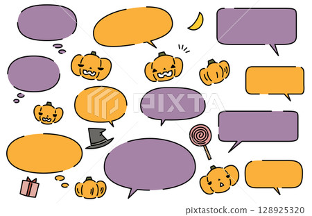 可愛的萬聖節南瓜插圖和語音泡泡套裝鬧鬼的南瓜南瓜燈 128925320