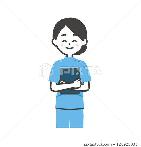 Illustration of a woman in a Casey costume holding a binder Illustration of a woman in a Casey costume holding a binder 128925335