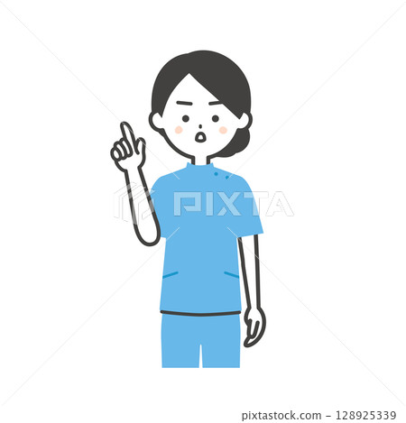 Illustration of a woman in a Casey costume pointing up with a serious look Illustration of a woman in a Casey costume pointing up with a serious look 128925339