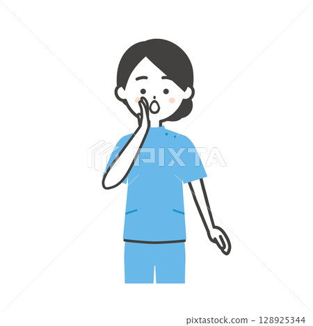 一名扮成凱西的女人用手摀住嘴巴打電話的插圖 128925344