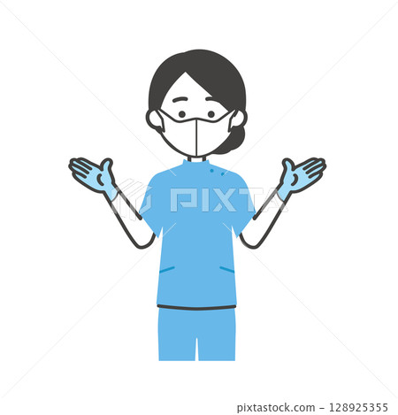 一名戴著橡膠手套和口罩的婦女的插圖 128925355