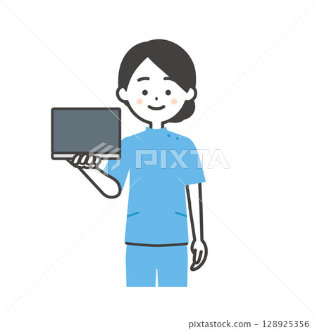 一位身穿凱西服裝、手持筆記型電腦的女士的插圖 128925356