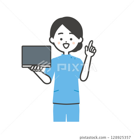 插圖：一位身穿凱西服裝的女士手持筆記型電腦並指向上方 128925357