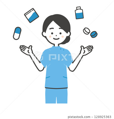 Illustration of a woman dressed as a cassie with various types of medicine Illustration of a woman dressed as a cassie with various types of medicine 128925363
