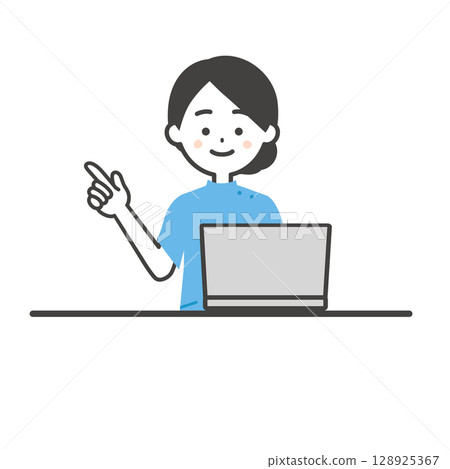 Illustration of a woman in a casey outfit using a laptop Illustration of a woman in a casey outfit using a laptop 128925367
