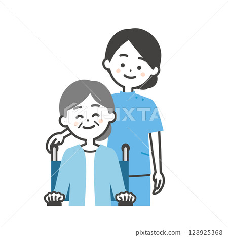 Illustration of a woman in a wheelchair and an elderly woman in a wheelchair Illustration of a woman in a wheelchair and an elderly woman in a wheelchair 128925368