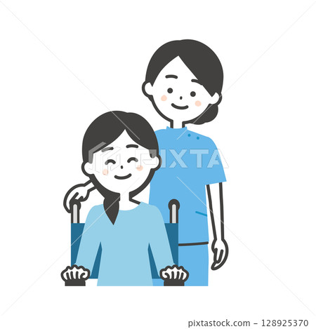 一位坐在輪椅上的女人和一位坐在輪椅上的女人的插圖 128925370