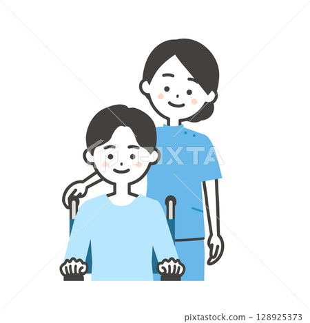 坐在輪椅上的女人和坐在輪椅上的男孩的插圖 128925373