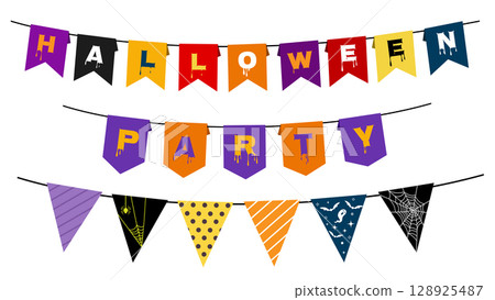Halloween buntings for Happy Halloween. Halloween Flags Garlands with spider web, and bats. 128925487