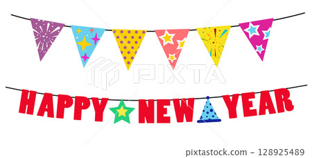 New Year text character Garland Decorations. Happy New Year decoration flags design, Vector Clip Art On White Background. New Year text character Garland Decorations. Happy New Year decoration flags design, Vector Clip Art On White Background. 128925489