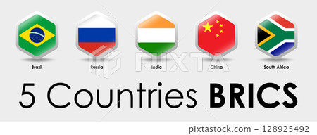 BRICS flags of 5 countries. Simple Hexagon shaped design. National flags icon set. Vector illustration on gray background BRICS flags of 5 countries. Simple Hexagon shaped design. National flags icon set. Vector illustration on gray background 128925492