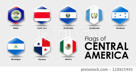 Flag Icons countries of Central America. Simple Hexagon shape design. National flags icon set. Vector illustration on gray background Flag Icons countries of Central America. Simple Hexagon shape design. National flags icon set. Vector illustration on gray background 128925493