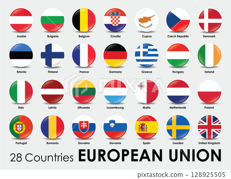 Vector illustration of round shape flags of the 28 countries European Union.	 128925505