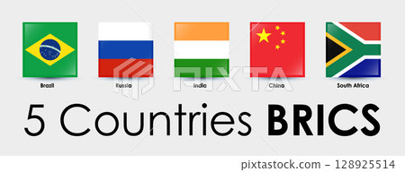 BRICS flags of 5 countries. Simple square flags design. National flags icon set. Vector illustration on gray background BRICS flags of 5 countries. Simple square flags design. National flags icon set. Vector illustration on gray background 128925514
