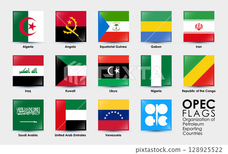 Set of OPEC 13 countries flags. Simple square flags design icons Set of OPEC 13 countries flags. Simple square flags design icons 128925522