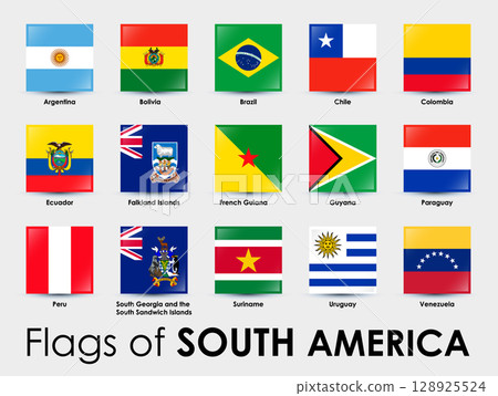Set of South America flags. Simple square-shaped flags on gray background. 128925524