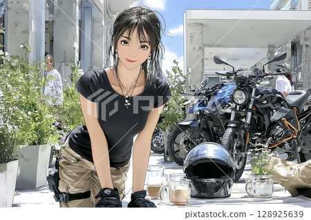 Riders Cafe - 一位女騎士在休息時看著她的自行車的插圖 128925639