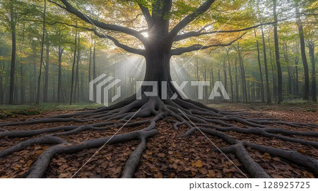 Misty forest tree serene nature scene soft light green and brown tones 128925725