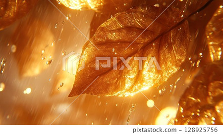 Golden leaf with water drops illuminated nature macro photography 128925756