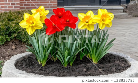 Yellow and red daffodils in stone planter spring flowers garden plants 128925785