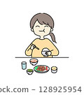 A woman eating a lot of rice 128925954