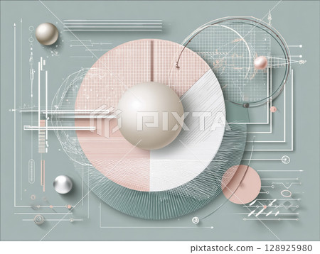 現代幾何商業背景，中心為球體，圓形、粉紅色和綠色 128925980