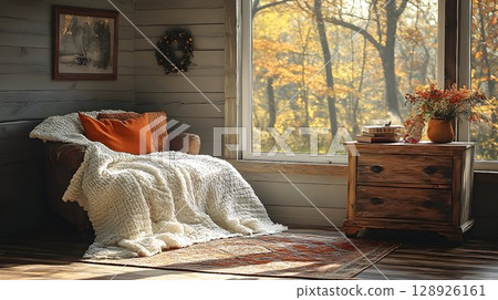 Cozy interior scene warm tones comfortable blanket and furniture Cozy interior scene warm tones comfortable blanket and furniture 128926161