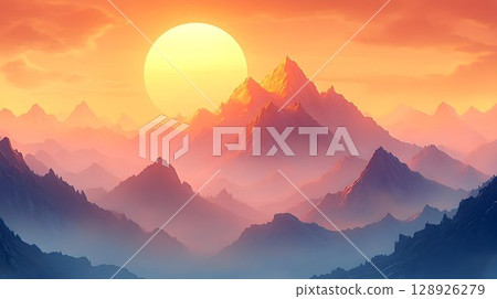 Misty mountain sunrise landscape warm color palette Misty mountain sunrise landscape warm color palette 128926279