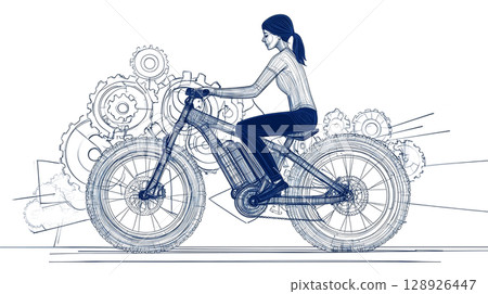 Young woman riding electric bicycle blueprint with gears in background 128926447