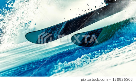Skis sliding on snow and spraying fresh powder snow, winter sports action 128926503