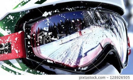 Skier wearing goggles reflecting snowy slope and forest 128926505