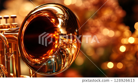 Shiny brass trumpet closeup reflecting warm stage lights 128926613