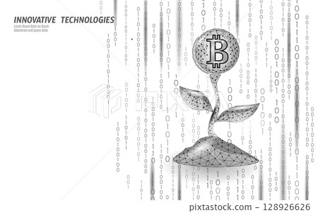 Bitcoin cryptocurrency flower growth concept. Digital currency investment blooming modern art. Finance blockchain technology development. Wireframe style white background vector 128926626