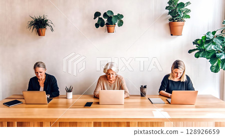 Coworkers using laptops in shared working space with plants 128926659