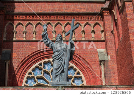 Jesus statue on facade building of St. Ignatius Cathedral, Shanghai 128926866