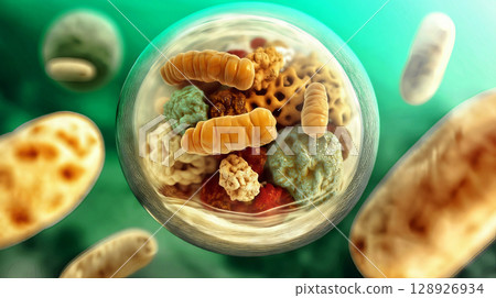 Mitochondria and other organelles floating inside human cell membrane Mitochondria and other organelles floating inside human cell membrane 128926934