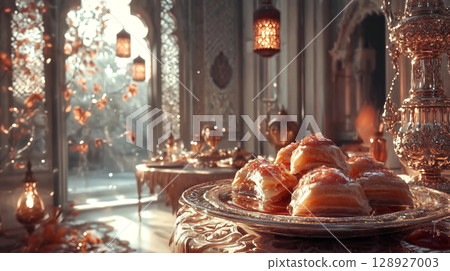 Baklava illuminating ramadan atmosphere in elegant oriental palace 128927003