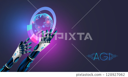 AI agent or Robot hands hold a VR projection of the Earth in close-up. AGI manages the processes in the world. Global artificial intelligence conceptual banner. Cyborg arm in cyberspace controls world 128927062