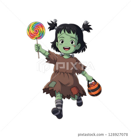 A cute child in a anime-style cartoon Halloween costume, happy for Halloween. White background. 128927078
