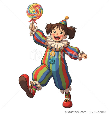 A cute child in a anime-style cartoon Halloween costume, happy for Halloween. White background. 128927085