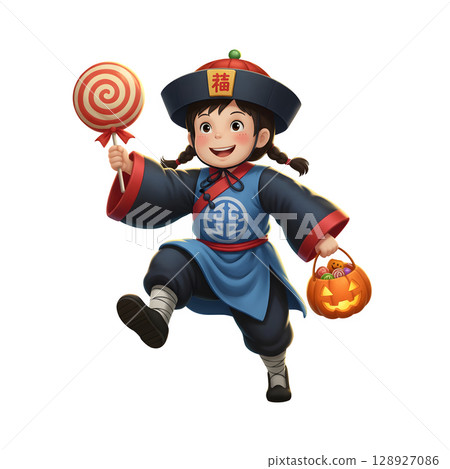 A cute child in a anime-style cartoon Halloween costume, happy for Halloween. White background. A cute child in a anime-style cartoon Halloween costume, happy for Halloween. White background. 128927086