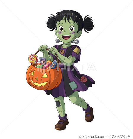 A cute child in a anime-style cartoon Halloween costume, happy for Halloween. White background. A cute child in a anime-style cartoon Halloween costume, happy for Halloween. White background. 128927099