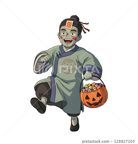 A cute child in a anime-style cartoon Halloween costume, happy for Halloween. White background. 128927103