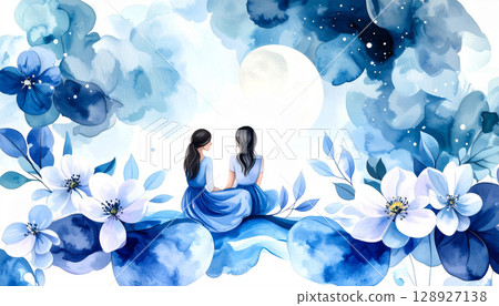 A fantastic scene of two girls gazing at the full moon in a quiet night sky and blue flowers. 128927138