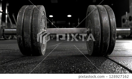 Heavy barbell resting on gym floor ready for intense workout 128927162