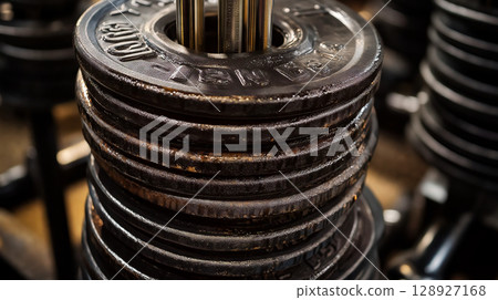 Stack of weight plates forming a column in a gym setting 128927168