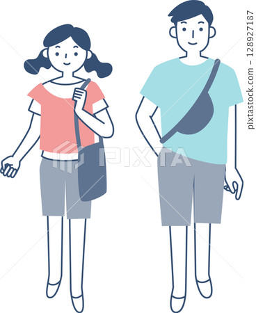 穿著夏裝的年輕男女散步 128927187