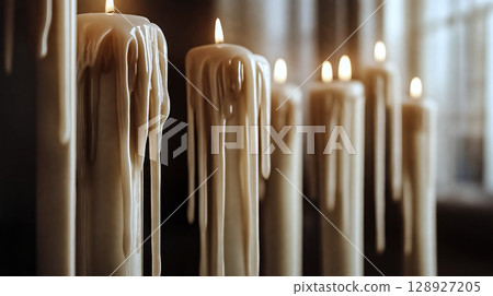 Burning candles dripping wax creating a spiritual atmosphere 128927205
