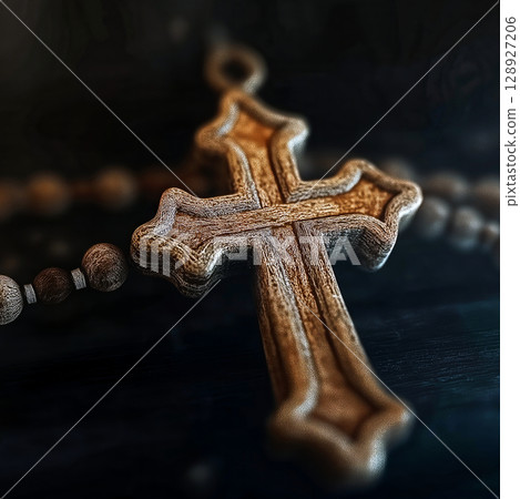 Wooden cross resting on rosary beads, close up of religious symbol 128927206